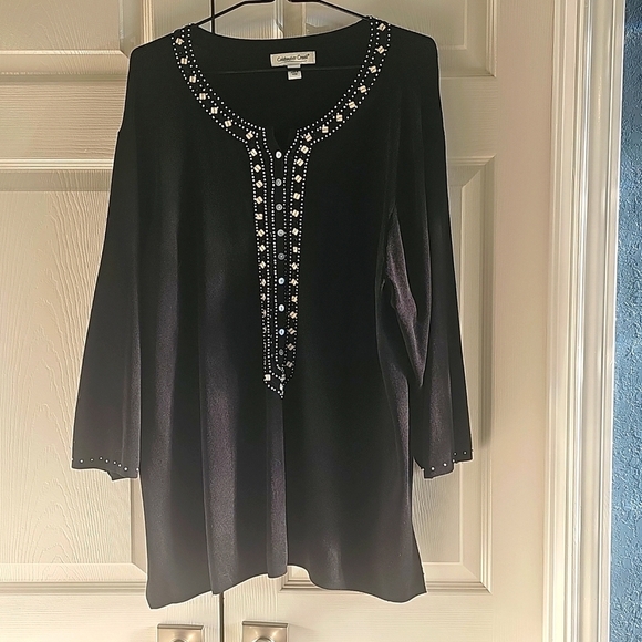 Vintage Coldwater Creek Black Long Sleeve Sweater W Beaded Bodice 1X - Picture 1 of 13